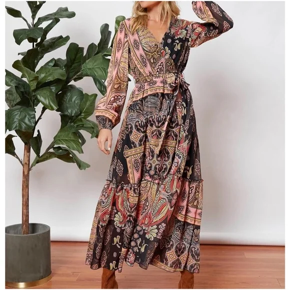 Boho Floral paisley Print Surplice Long Sleeve Maxi Dress - Picture 4 of 5